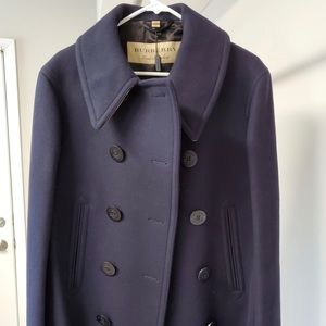 Men Burberry Navy Wool Blend Pea Coat